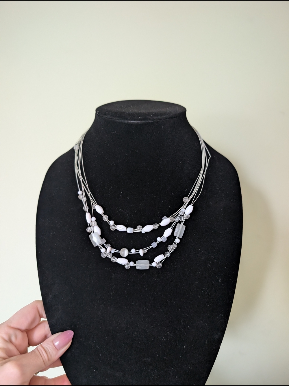 Multi-Strand Silver Wire Necklace with White Beads